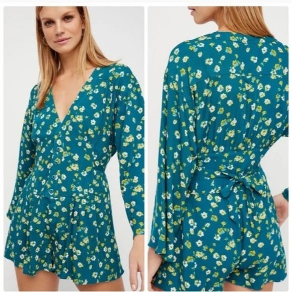 Free People L'Amour teal floral romper 4 - Picture 1 of 8